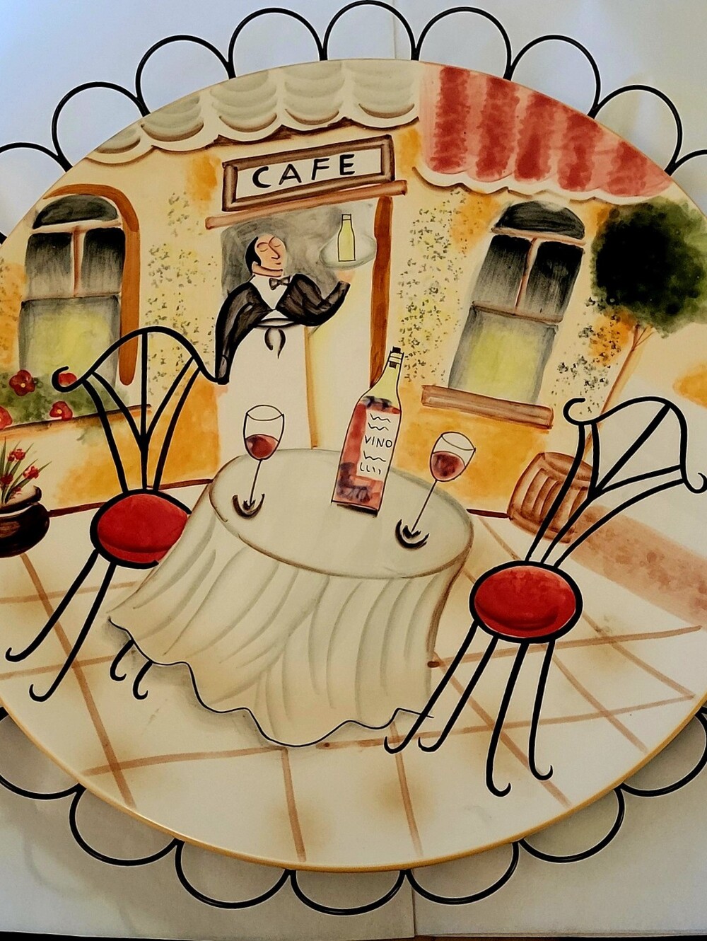 Mud Pie Café Scene Decorative Plate with Red Accents